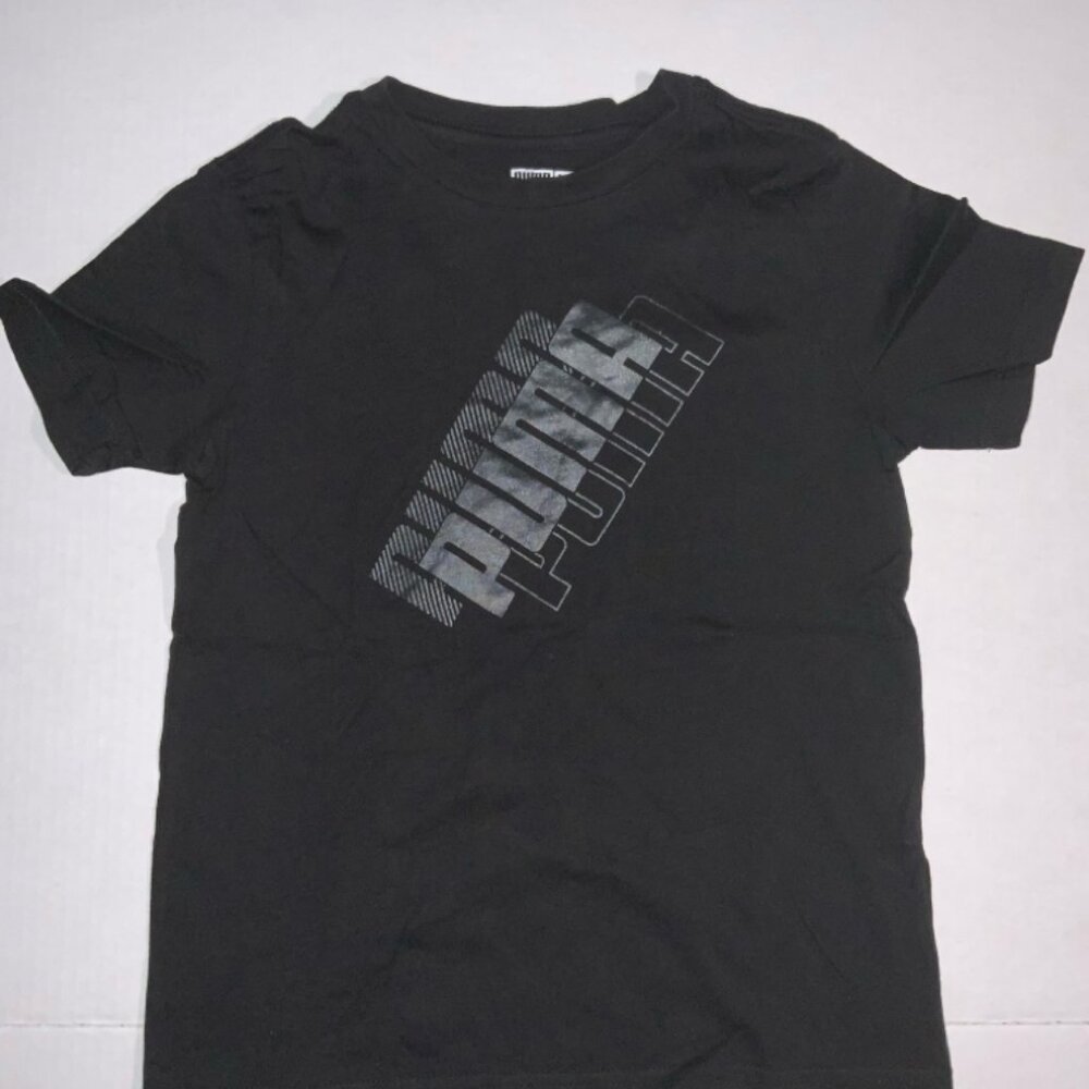 Puma Youth Small (8) Black Silver Power Pack Shimmer Logo Graphic Tee Shirt